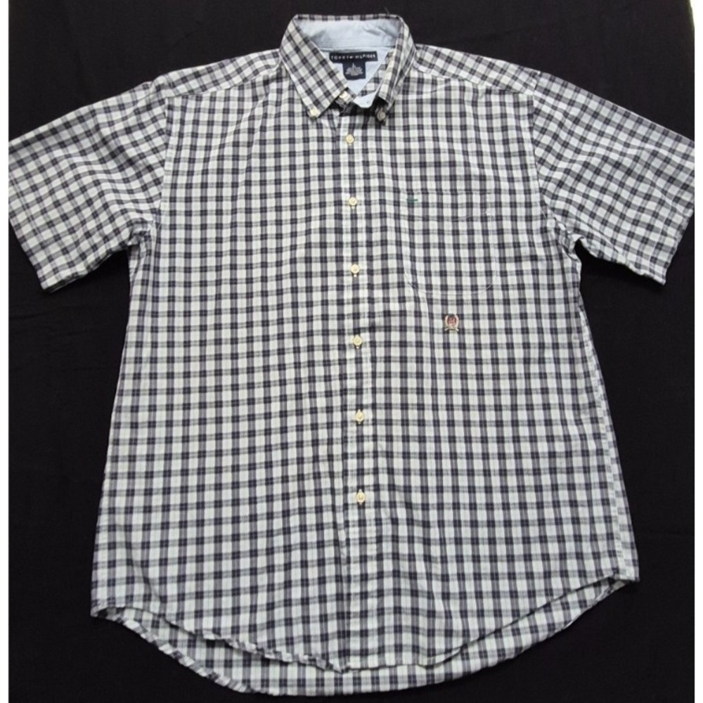 Tommy Hilfiger mens blue/wht checkered short sleeve button LG 100% Cotton pocket